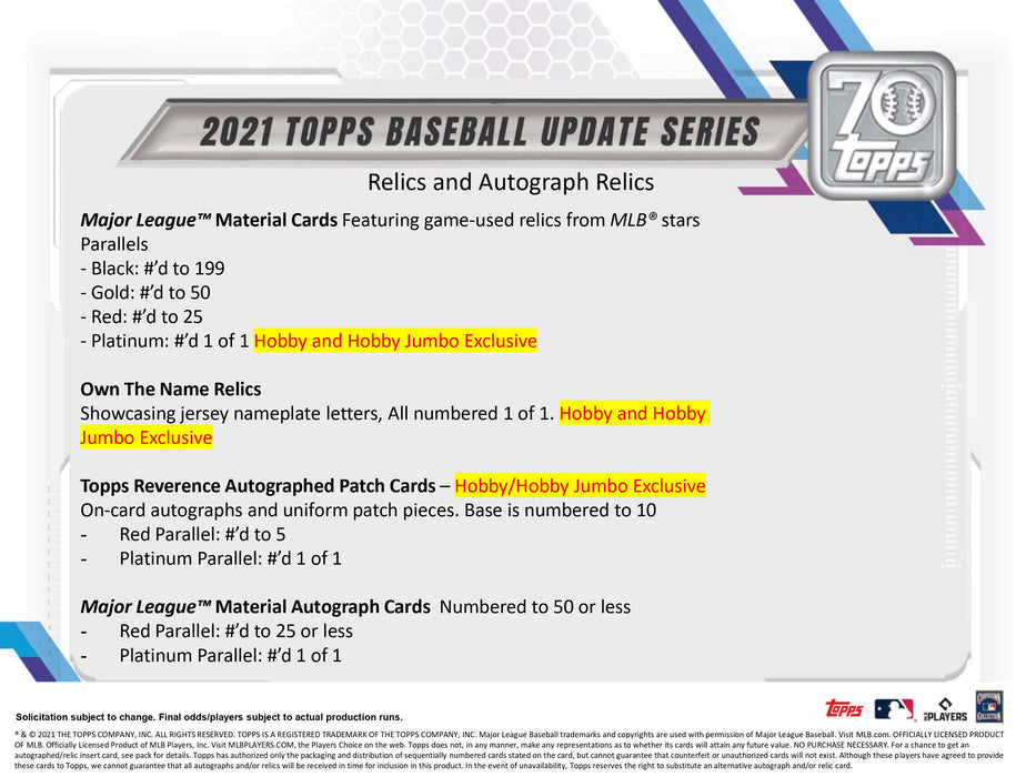 2021 Topps Update Series Baseball Jumbo Hobby Box